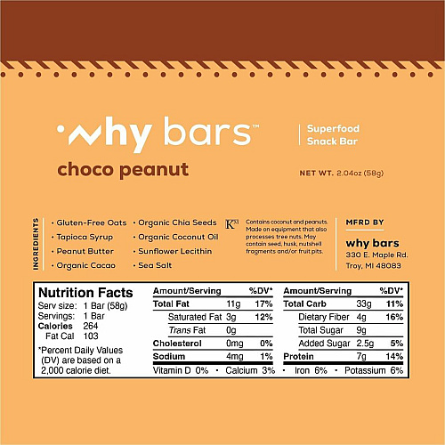 Why Bars Superfood Protein Snack Bars Gluten-free, Dairy-free, Soy-free, Non-GMO, Individually Wrapped - Choco Peanut - 2.04 oz - 12 / Pack (WB2)