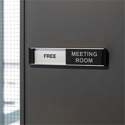Seco Door Signs Print/Message "FREE MEETING ROOM" , "MEETING ROOM ENGAGED" - 10" Width x 2" Height - Door-mountable - Self-adhesive - Meeting, Room, Display - Aluminum, Polyvinyl Chloride (PVC) - Black, Silver - 1 Each (BA103)