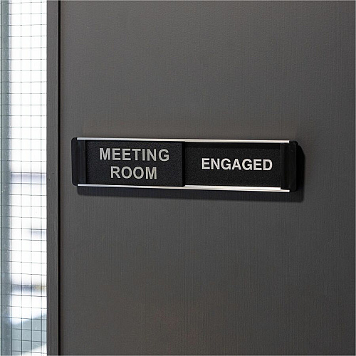 Seco Door Signs Print/Message "FREE MEETING ROOM" , "MEETING ROOM ENGAGED" - 10" Width x 2" Height - Door-mountable - Self-adhesive - Meeting, Room, Display - Aluminum, Polyvinyl Chloride (PVC) - Black, Silver - 1 Each (BA103)