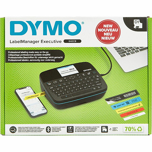 Dymo LabelManager Executive 640 CB Kits Thermal Transfer - 0.79 in/s Mono - Tape - 0.24" , 0.35" , 0.47" , 0.75" , 0.94" - 1" Screen - Battery - Lithium Ion (Li-Ion) - Battery Included - Black - Handheld - Handheld, PC, Mac - Ergonomic Design -  (2197370)