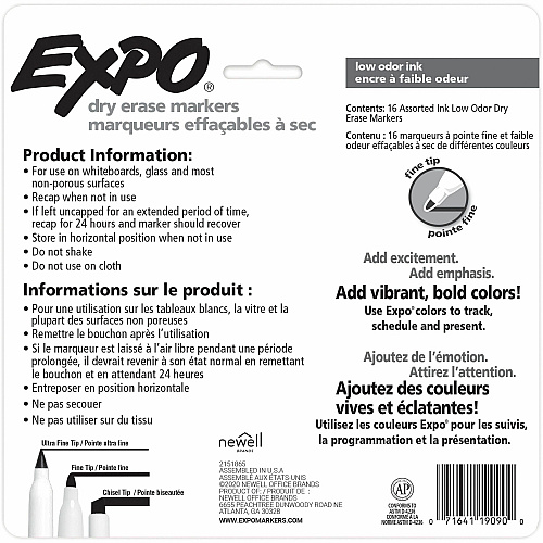 Expo Low-Odor Dry Erase Markers Fine Marker Point - Erasable - Assorted Ink/ - 16 / Pack (2138471A)
