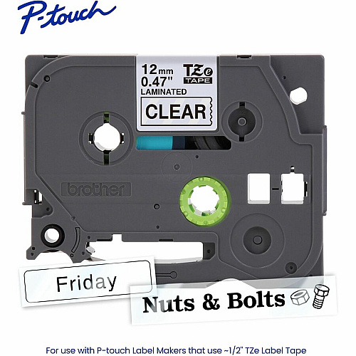 Brother P-touch TZe Label Tape - DiameterTape - Thermal - Black on Clear - Water Resistant - Laminated - Chemical Resistant, Abrasion Resistant, Temperature Resistant, Fade Resistant, Easy Peel, Split Backing, Durable, Strong Adhesive, Grease Re (TZE131G)