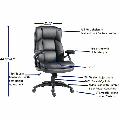 Lorell Black Base High-back Chair PU Leather Seat Material - PU Leather Back Material - High Back - 5-star Base - Black - Leather - Armrest - 1 Each (59435)