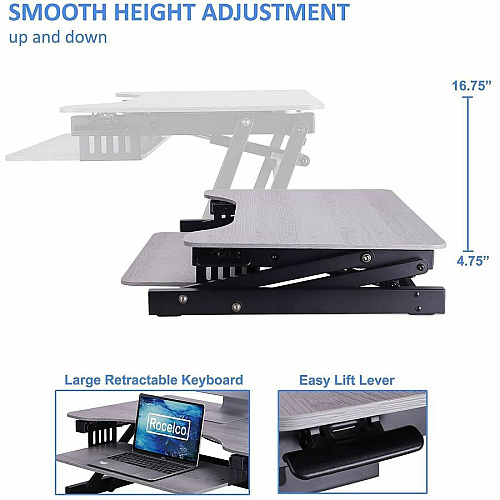 Rocelco Standing Desk Converter 30 lb Load Capacity - 16.75" Height x 32" Width x 23.60" Depth - Desk - Gray Wood Grain - For Monitor, Keyboard, Notebook - Scratch Resistant Pad, Sturdy, Handle, Ergonomic, Retractable, Keyboard Tray - 1 Each (RADRG)
