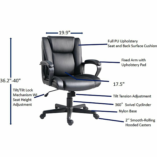 Lorell SOHO Mid-back Chair Mid Back - Black - PU Leather - Armrest - 1 Each (81810)