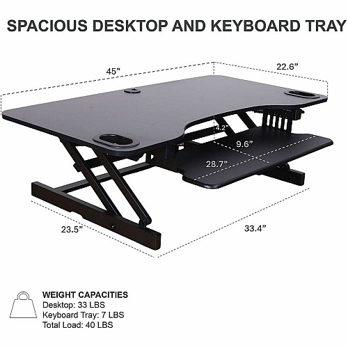 Rocelco ADR-45 45" Adjustable Desk Riser with EVR 40 lb Load Capacity - 17.50" Height x 45" Width x 23.50" Depth - Desk - Black - For Monitor, Keyboard, Notebook - Scratch Resistant Pad, Sturdy, Handle, Ergonomic, Retractable, Keyboard Tray, Gro (RADRB45)