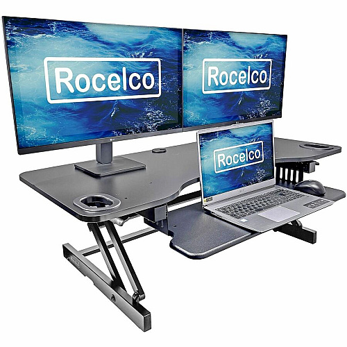 Rocelco ADR-45 45" Adjustable Desk Riser with EVR 40 lb Load Capacity - 17.50" Height x 45" Width x 23.50" Depth - Desk - Black - For Monitor, Keyboard, Notebook - Scratch Resistant Pad, Sturdy, Handle, Ergonomic, Retractable, Keyboard Tray, Gro (RADRB45)