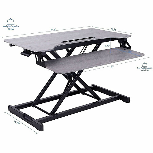 Rocelco Desk Riser & Converter 30 lb Load Capacity - 19.70" Height x 31.50" Width x 17" Depth - Desk - Gray Wood Grain - For Monitor, Keyboard, Notebook, Tablet, Smartphone - Ergonomic, Keyboard Tray, Sit-stand, Grommet, Cable Management, Handle  (RVADRG)