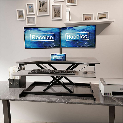 Rocelco Desk Riser & Converter 30 lb Load Capacity - 19.70" Height x 31.50" Width x 17" Depth - Desk - Gray Wood Grain - For Monitor, Keyboard, Notebook, Tablet, Smartphone - Ergonomic, Keyboard Tray, Sit-stand, Grommet, Cable Management, Handle  (RVADRG)