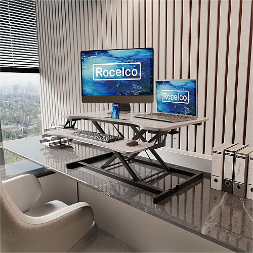 Rocelco Desk Riser & Converter 30 lb Load Capacity - 19.70" Height x 31.50" Width x 17" Depth - Desk - Gray Wood Grain - For Monitor, Keyboard, Notebook, Tablet, Smartphone - Ergonomic, Keyboard Tray, Sit-stand, Grommet, Cable Management, Handle  (RVADRG)