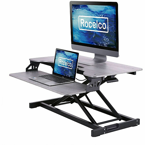 Rocelco Desk Riser & Converter 30 lb Load Capacity - 19.70" Height x 31.50" Width x 17" Depth - Desk - Gray Wood Grain - For Monitor, Keyboard, Notebook, Tablet, Smartphone - Ergonomic, Keyboard Tray, Sit-stand, Grommet, Cable Management, Handle  (RVADRG)