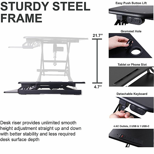 Rocelco Electric Desk Riser & Converter Up to 31" Screen Support - 40 lb Load Capacity - 21.70" Height x 37.25" Width x 20.50" Depth - Black - For Monitor, Tablet, Smartphone, Keyboard, Notebook - Electrical Outlet, Keyboard Tray, Ergonomic, Buil (REDR2B)