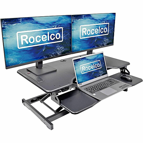 Rocelco Electric Desk Riser & Converter Up to 31" Screen Support - 40 lb Load Capacity - 21.70" Height x 37.25" Width x 20.50" Depth - Black - For Monitor, Tablet, Smartphone, Keyboard, Notebook - Electrical Outlet, Keyboard Tray, Ergonomic, Buil (REDR2B)