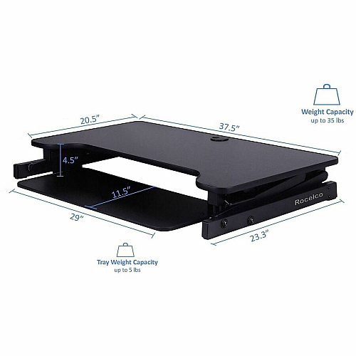 Rocelco Standing Desk Converter & Dual-Monitor Mount 35 lb Load Capacity - 17" Height x 37.50" Width x 20.50" Depth - Desk - Black - For Monitor, Keyboard - Retractable, Grommet, Cable Management, Flexible, Dual Display, Scratch Resistant Pad, (RDADRBDM2)