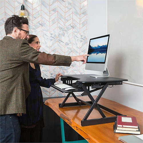 Rocelco Sit-to-Standing Desk Riser 40 lb Load Capacity - 20" Height x 40" Width x 23.60" Depth - Desk - Black - For Monitor, Notebook, Keyboard - Retractable, Grommet, Sit-stand, Keyboard Tray, Storage Space, Ergonomic, Cable Management - 1 Eac (RDADRB40)