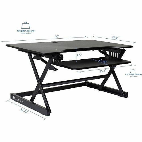 Rocelco Sit-to-Standing Desk Riser 40 lb Load Capacity - 20" Height x 40" Width x 23.60" Depth - Desk - Black - For Monitor, Notebook, Keyboard - Retractable, Grommet, Sit-stand, Keyboard Tray, Storage Space, Ergonomic, Cable Management - 1 Eac (RDADRB40)