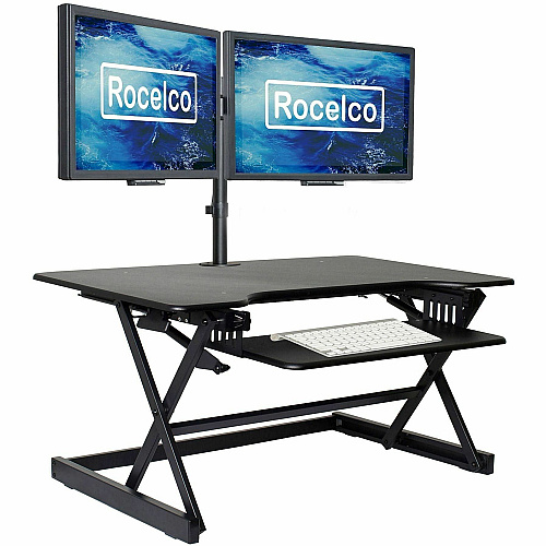 Rocelco Standing Desk Converter & Dual-Monitor Mount 40 lb Load Capacity - 20" Height x 40" Width x 23.60" Depth - Desk - Black - For Monitor, Notebook, Keyboard - Retractable, Keyboard Tray, Grommet, Cable Management, Flexible, Dual Display (RDADRB40DM2)