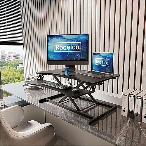Rocelco Desk Riser & Dual-Monitor Mount Up to 27" Screen Support - 30 lb Load Capacity - 19.17" Height x 31.50" Width x 17.45" Depth - Desk - Black - For Monitor, Keyboard, Tablet, Smartphone - Dual Display, Sit-stand, Ergonomic, Keyboard Tray (RVADRBDM2)