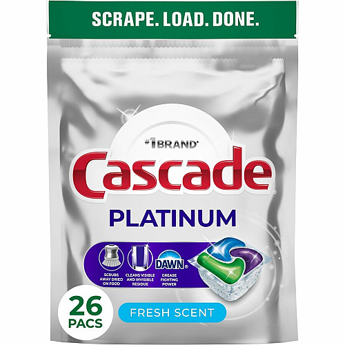 Cascade Platinum ActionPacs For Glassware, Dish, Dishwasher - Pod - Recommended For: Residue Remover, Dried-on Food Remover - Enzyme Activated - Silver - 26 - 1 Each (15536)