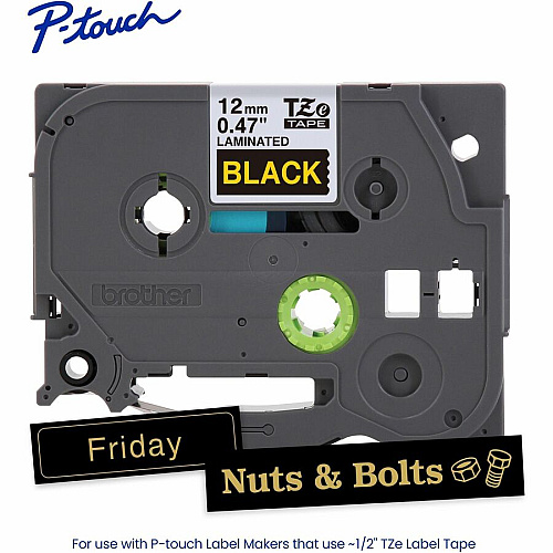 Brother P-touch TZe Laminated Label Tape x 15/32" Width - Tape - Black - Water Resistant - Laminated - Easy to Read, Temperature Resistant, Customizable, Long Lasting, Peeling Resistant, Fade Resistant - 26.20 ft Roll Length - 1 Each (TZE334G)
