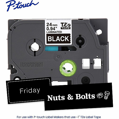 Brother P-touch TZe Laminated Label Tape x 15/16" Width - Tape - Black - Water Resistant - Laminated - Easy to Read, Temperature Resistant, Customizable, Long Lasting, Peeling Resistant, Fade Resistant - 26.20 ft Roll Length - 1 Each (TZE355G)