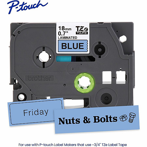 Brother P-touch TZe Laminated Label Tape x 45/64" Width - Tape - Blue - Water Resistant - Laminated - Easy to Read, Temperature Resistant, Customizable, Long Lasting, Peeling Resistant, Fade Resistant - 26.20 ft Roll Length - 1 Each (TZE541G)