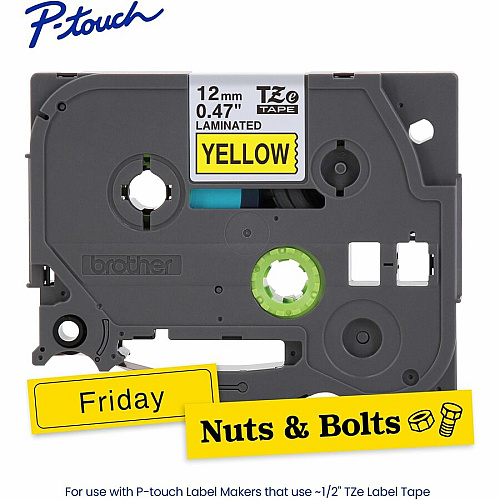 Brother P-touch TZe Laminated Label Tape x 15/32" Width - Tape - Yellow - Water Resistant - Laminated - Easy to Read, Temperature Resistant, Customizable, Long Lasting, Peeling Resistant, Fade Resistant - 26.20 ft Roll Length - 1 Each (TZE631G)