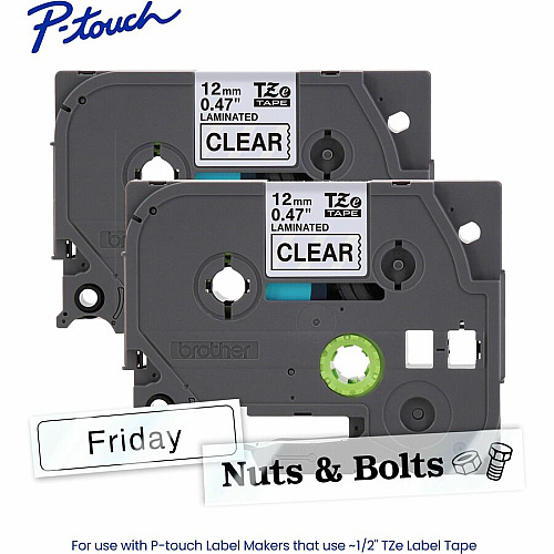 Brother P-touch TZe Laminated Label Tape x 15/32" Width - Tape - Clear - Water Resistant - Laminated - Temperature Resistant, Easy to Read, Peeling Resistant, Fade Resistant, Customizable, Long Lasting - 26.20 ft Roll Length - 1 / Each (TZE1312PKG)
