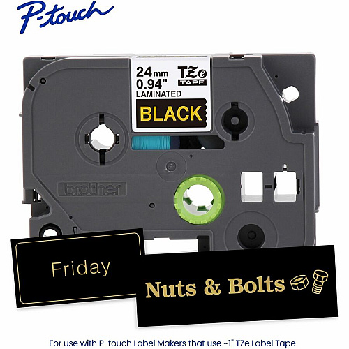 Brother P-touch TZe Laminated Label Tape x 15/16" Width - Tape - Black - Water Resistant - Laminated - Easy to Read, Temperature Resistant, Customizable, Long Lasting, Peeling Resistant, Fade Resistant - 26.20 ft Roll Length - 1 Each (TZE354G)