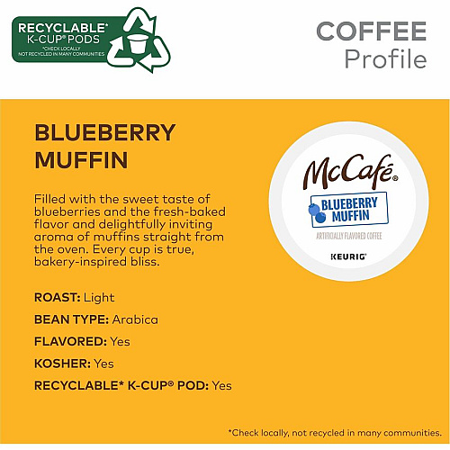 McCafe McCaf&eacute;&reg; K-Cup Blueberry Muffin Coffee Compatible with Keurig Brewer - Light - Per Box - 24 K-Cup - K-Cup - Blueberry Muffin - Kosher - 4 / Carton (9460CT)