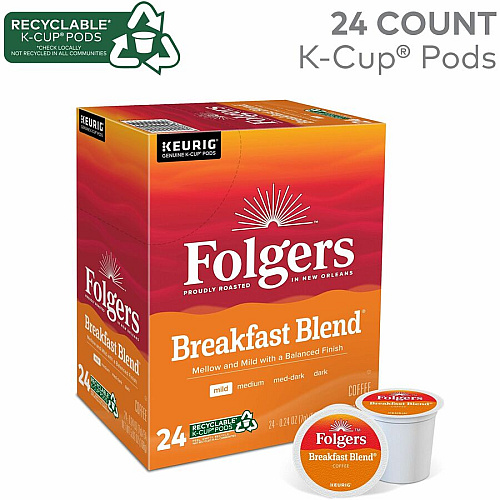 Folgers&reg; K-Cup Breakfast Blend Coffee Compatible with Keurig Brewer - Light/Mild - 0.2 oz Per Box - 24 K-Cup - K-Cup - Breakfast Blend - Kosher - 4 / Carton (3451CT)