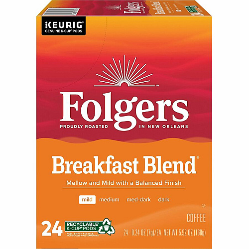 Folgers&reg; K-Cup Breakfast Blend Coffee Compatible with Keurig Brewer - Light/Mild - 0.2 oz Per Box - 24 K-Cup - K-Cup - Breakfast Blend - Kosher - 4 / Carton (3451CT)