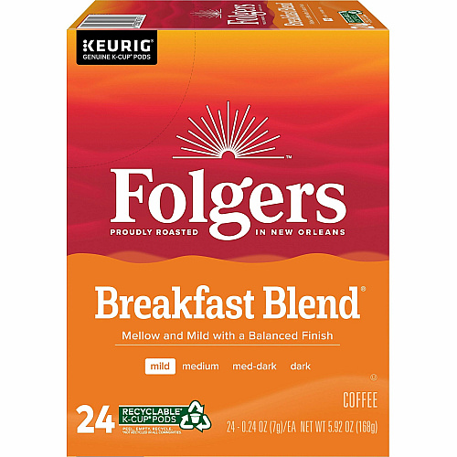 Folgers&reg; K-Cup Breakfast Blend Coffee Compatible with Keurig Brewer - Light/Mild - 0.2 oz Per Box - 24 K-Cup - K-Cup - Breakfast Blend - Kosher - 4 / Carton (3451CT)