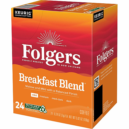 Folgers&reg; K-Cup Breakfast Blend Coffee Compatible with Keurig Brewer - Light/Mild - 0.2 oz Per Box - 24 K-Cup - K-Cup - Breakfast Blend - Kosher - 4 / Carton (3451CT)