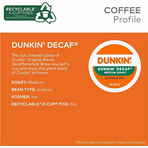 Dunkin Donuts Dunkin'&reg; K-Cup Decaf Coffee Compatible with Keurig Brewer - Medium - 0.3 oz Per Box - 22 K-Cup - K-Cup - Decaf, Original Blend - Kosher - Decaffeinated - 4 / Carton (0317CT)
