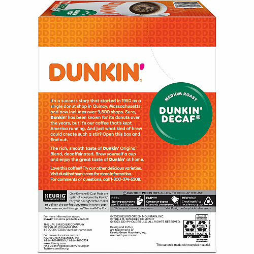 Dunkin Donuts Dunkin'&reg; K-Cup Decaf Coffee Compatible with Keurig Brewer - Medium - 0.3 oz Per Box - 22 K-Cup - K-Cup - Decaf, Original Blend - Kosher - Decaffeinated - 4 / Carton (0317CT)