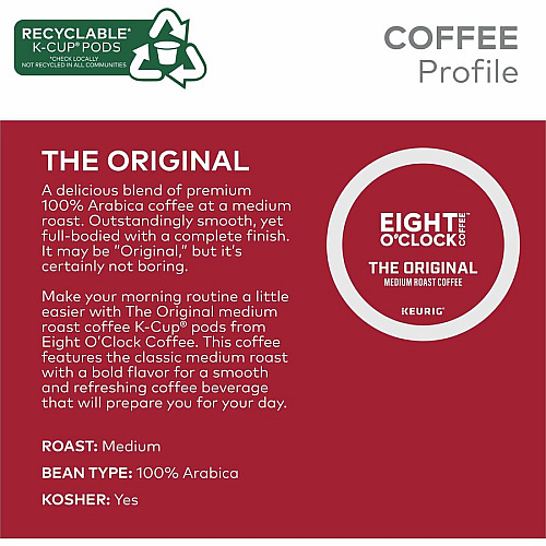 Eight O'Clock K-Cup, Ground Original Coffee Compatible with Keurig Brewer - Medium - Per Box - 24 K-Cup - K-Cup, Ground - Original - Kosher - 4 / Carton (0657CT)