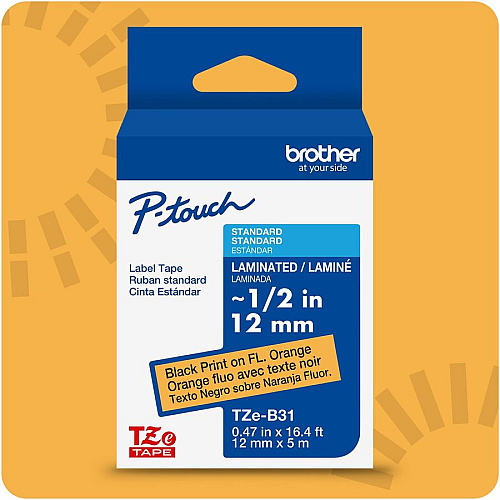 Brother P-touch TZe Laminated Label Tape - DiameterTape - Orange - Laminated - Customizable, Peeling Resistant, Fade Resistant, Long Lasting, Temperature Resistant, Easy to Read - 26.20 ft Roll Length - For Label Maker - 1 Each (TZEB31CSG)
