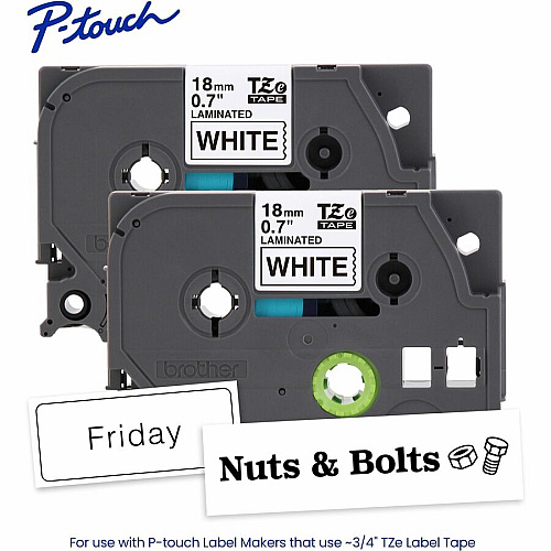 Brother P-touch TZe Laminated Label Tape x 45/64" Width - Tape - White - Water Resistant - Laminated - Easy to Read, Temperature Resistant, Customizable, Long Lasting, Peeling Resistant, Fade Resistant - 26.20 ft Roll Length - 1 / Each (TZE2412PKG)