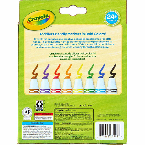 Crayola Crush Resistant Washable Toddler Markers Bold Marker Point - Washable - Multi Ink - 8 / Pack (811548)