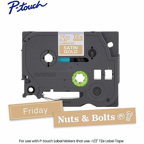 Brother Genuine P-touch TZeMQ835 WHT on SATIN GLD Label Tape, Laminated, 12mmX5m (TZEMQ835G)