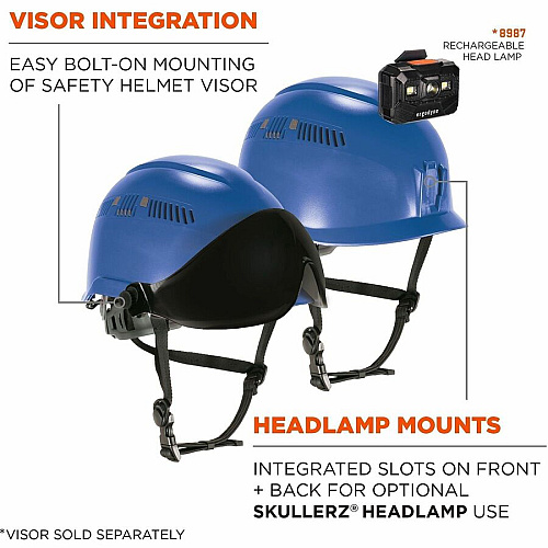 Ergodyne Skullerz 8977 Type 2 Safety Helmet Head, Impact, Rain, Heat Protection - Expanded Polystyrene Foam (EPS) - Blue - Vented, Anti-odor, Chin Strap, Non-conductive, Ratchet, Adjustable Ratchet, Adjustment Knob, LED Light, Built-in LED, Rechar (60289)
