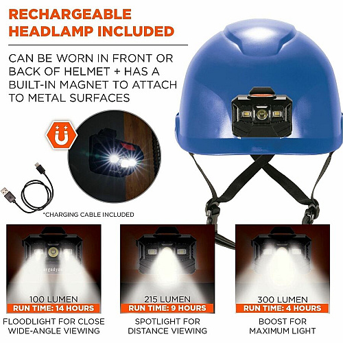 Ergodyne Skullerz 8976 Type 2 Safety Helmet Impact, Visibility, Head, Overhead Falling Objects, Eye Protection - Expanded Polystyrene Foam (EPS) - Blue - LED Light, Built-in LED, Chin Strap, Lightweight, Comfortable, Sweatband, Breathable, Anti-od (60286)