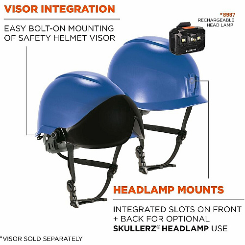 Ergodyne Skullerz 8976 Type 2 Safety Helmet Impact, Visibility, Head, Overhead Falling Objects, Eye Protection - Expanded Polystyrene Foam (EPS) - Blue - LED Light, Built-in LED, Chin Strap, Lightweight, Comfortable, Sweatband, Breathable, Anti-od (60286)