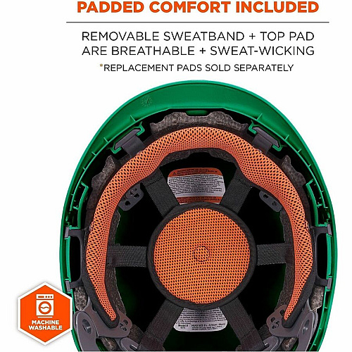 Ergodyne Skullerz 8976 Type 2 Safety Helmet Impact, Visibility, Head, Overhead Falling Objects, Eye Protection - Expanded Polystyrene Foam (EPS) - Green - LED Light, Built-in LED, Chin Strap, Lightweight, Comfortable, Sweatband, Breathable, Anti-o (60282)