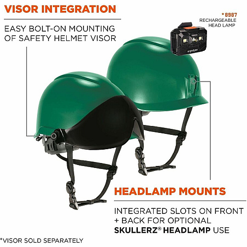 Ergodyne Skullerz 8976 Type 2 Safety Helmet Impact, Visibility, Head, Overhead Falling Objects, Eye Protection - Expanded Polystyrene Foam (EPS) - Green - LED Light, Built-in LED, Chin Strap, Lightweight, Comfortable, Sweatband, Breathable, Anti-o (60282)