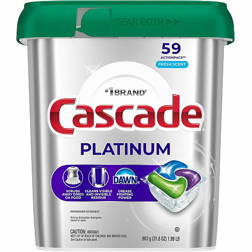 Cascade Platinum ActionPacs For Glassware, Dish, Dishwasher - Pod - Recommended For: Residue Remover, Dried-on Food Remover, Grease Remover - Enzyme Activated, Kosher - Silver - 59 - 1 Each (15681)