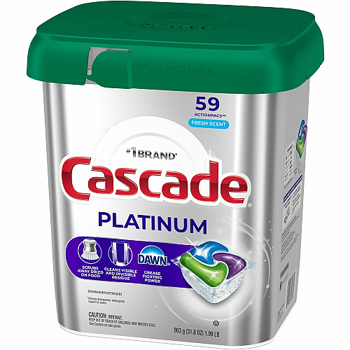 Cascade Platinum ActionPacs For Glassware, Dish, Dishwasher - Pod - Recommended For: Residue Remover, Dried-on Food Remover, Grease Remover - Enzyme Activated, Kosher - Silver - 59 - 1 Each (15681)