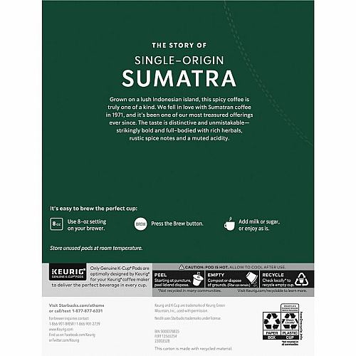 Starbucks K-Cup Sumatra Blend Coffee Dark - 24 K-Cup - K-Cup - Sumatra Blend - 4 / Carton (91281CT)