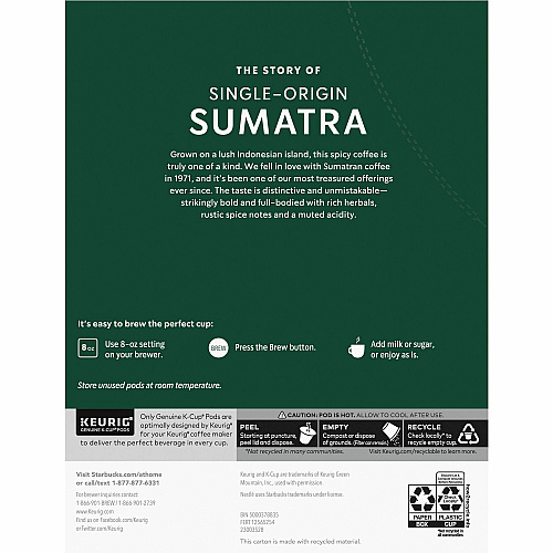 Starbucks K-Cup Sumatra Blend Coffee Dark - 24 K-Cup - K-Cup - Sumatra Blend - 4 / Carton (91281CT)